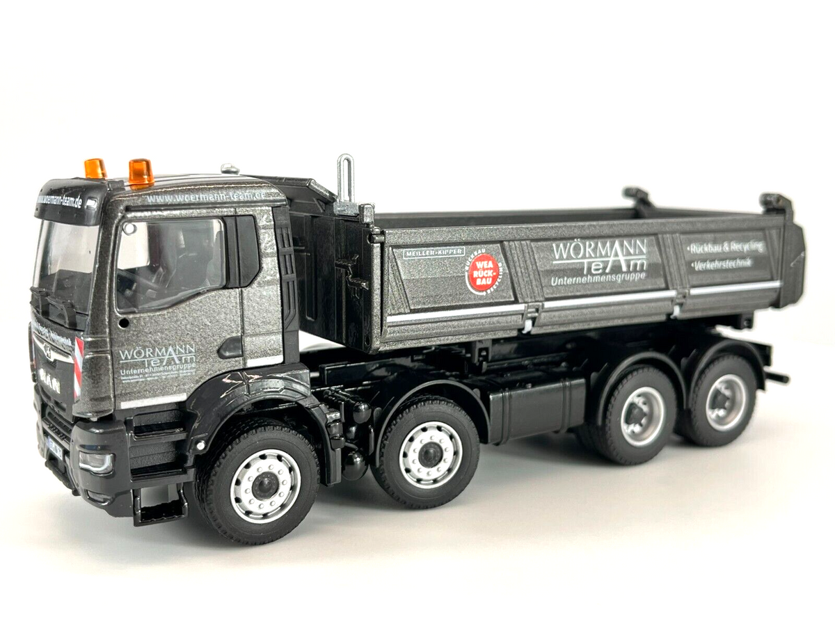 Conrad Meiller Dreiseitenkipper auf MAN TGS 8x4 in der Ausführung Wörmann – Diecast Sammlermodell im Maßstab 1:50, Art. 81241/02