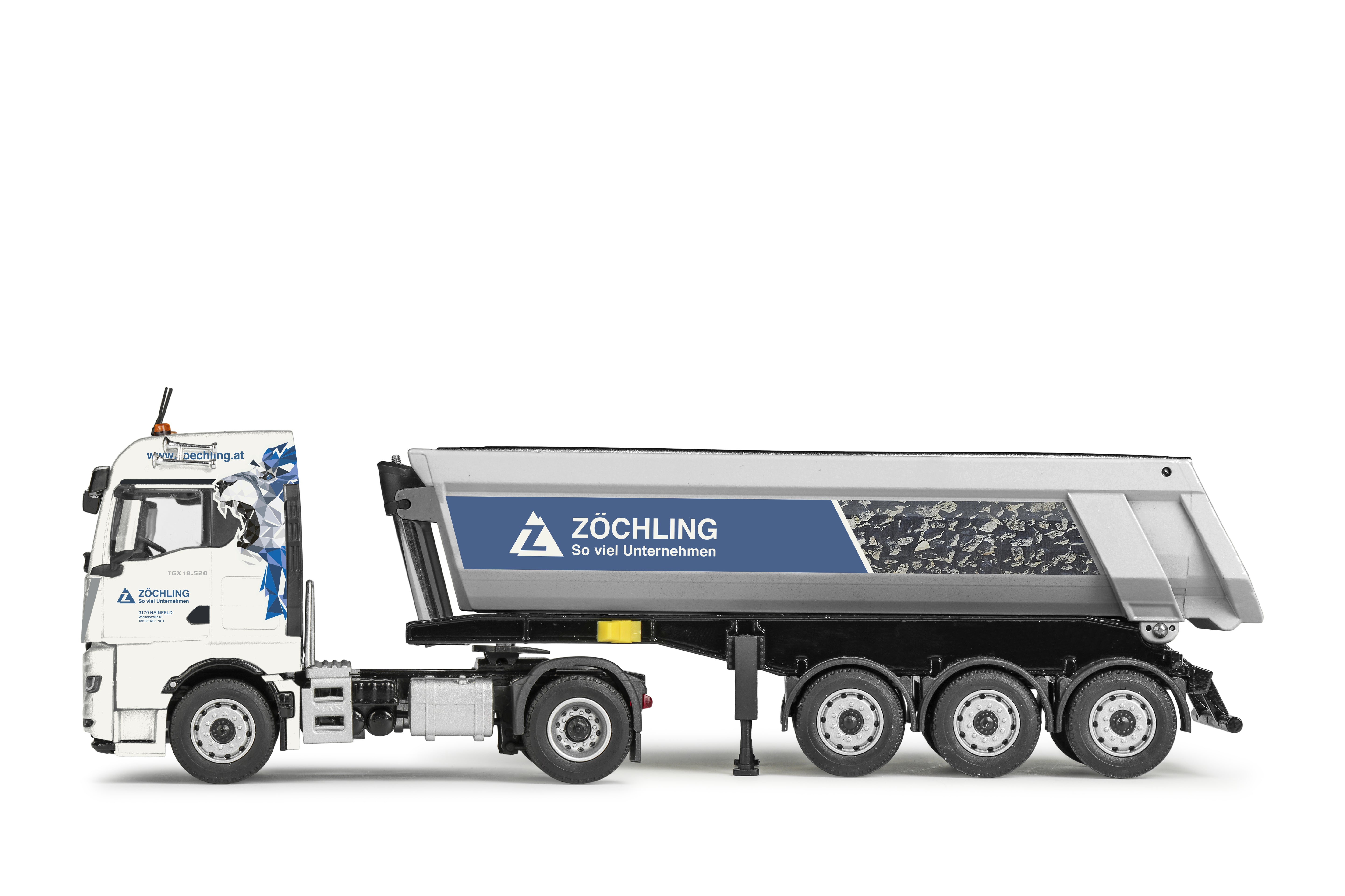 Conrad MAN TGX GM Sattelzug mit Schwarzmüller Rundmulden-Sattelkipper „Zöchling“ – Modell 1:50, Art. 80231/04