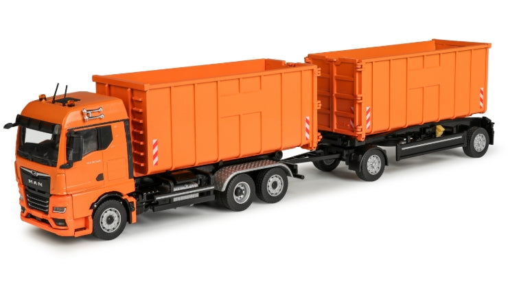Conrad MEILLER Abrollkipper auf MAN TGX GM mit Roll Carrier – Diecast Sammlermodell im Maßstab 1:50, Art. SET10019/01