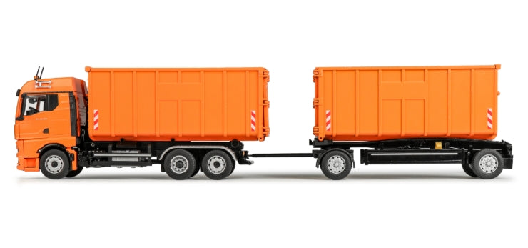 MEILLER Roll Carrier Anhänger mit Abrollmulde – Ansicht 3 des Conrad Sammlermodells im Maßstab 1:50, Art. SET10019/01