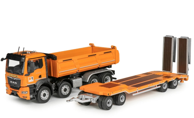 CONRAD Modelle I 81247/01 I MEILLER Dreiseitenkipper auf MAN NN 4-achs mit Tiefladeanhänger (1:50) "LISE & FILS"