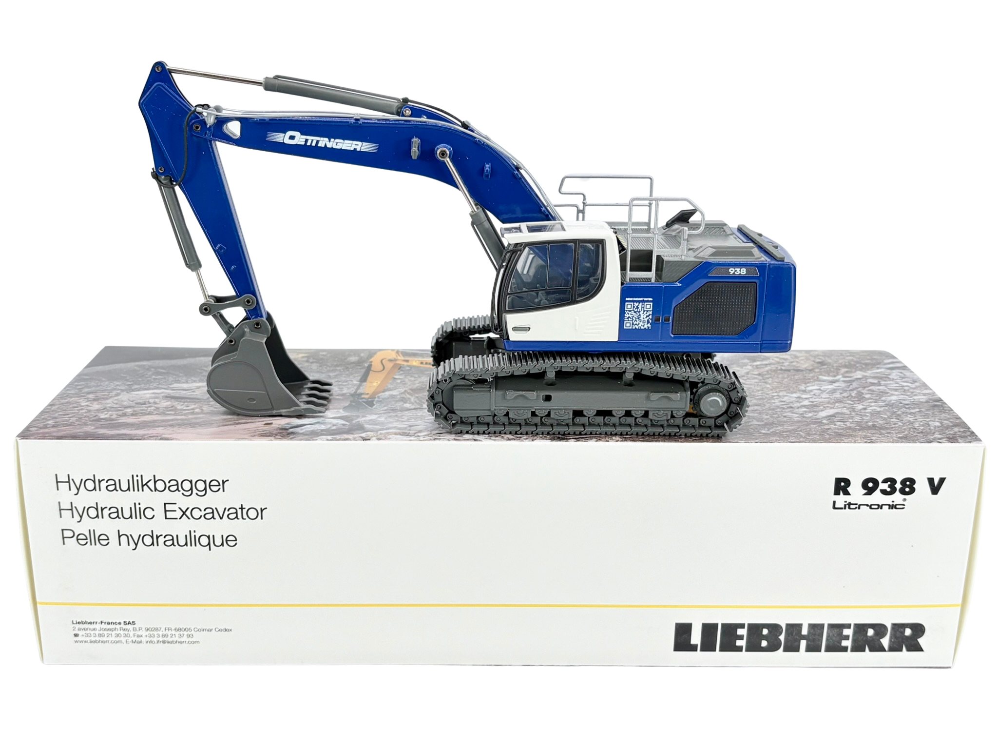 Conrad Liebherr R 938 V Hydraulikbagger in der Werbeausführung der Oettinger Gruppe Malsch – Diecast Sondermodell im Maßstab 1:50, Zinkdruckguss, Art. 2215/28