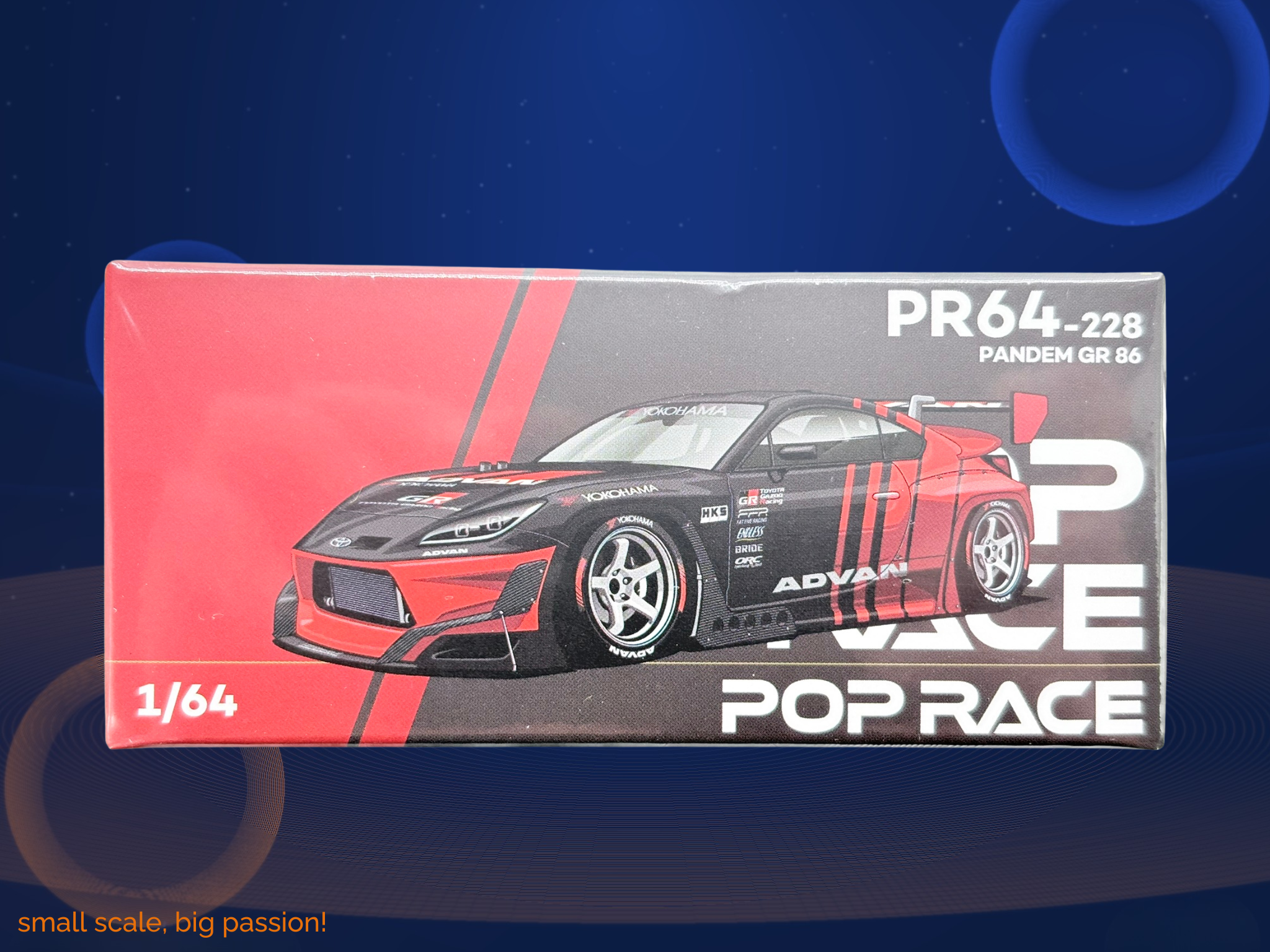 Pop Race Diecast Modellauto Toyota GR86 Pandem Widebody ADVAN Livery Schwarz Rot, Maßstab 1:64, limitierte Edition, Artikelnummer PR64-228