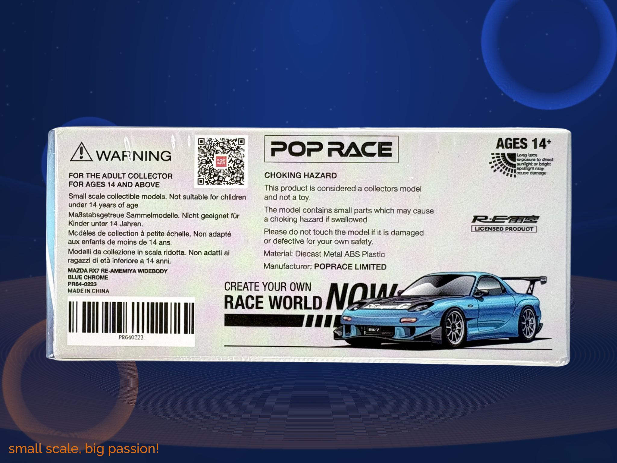 Pop Race Mazda RX-7 FD3S RE-Amemiya Widebody in Blue Chrome mit Carbon-Top – Diecast Sammlermodell im Maßstab 1:64, Art. PR64-223
