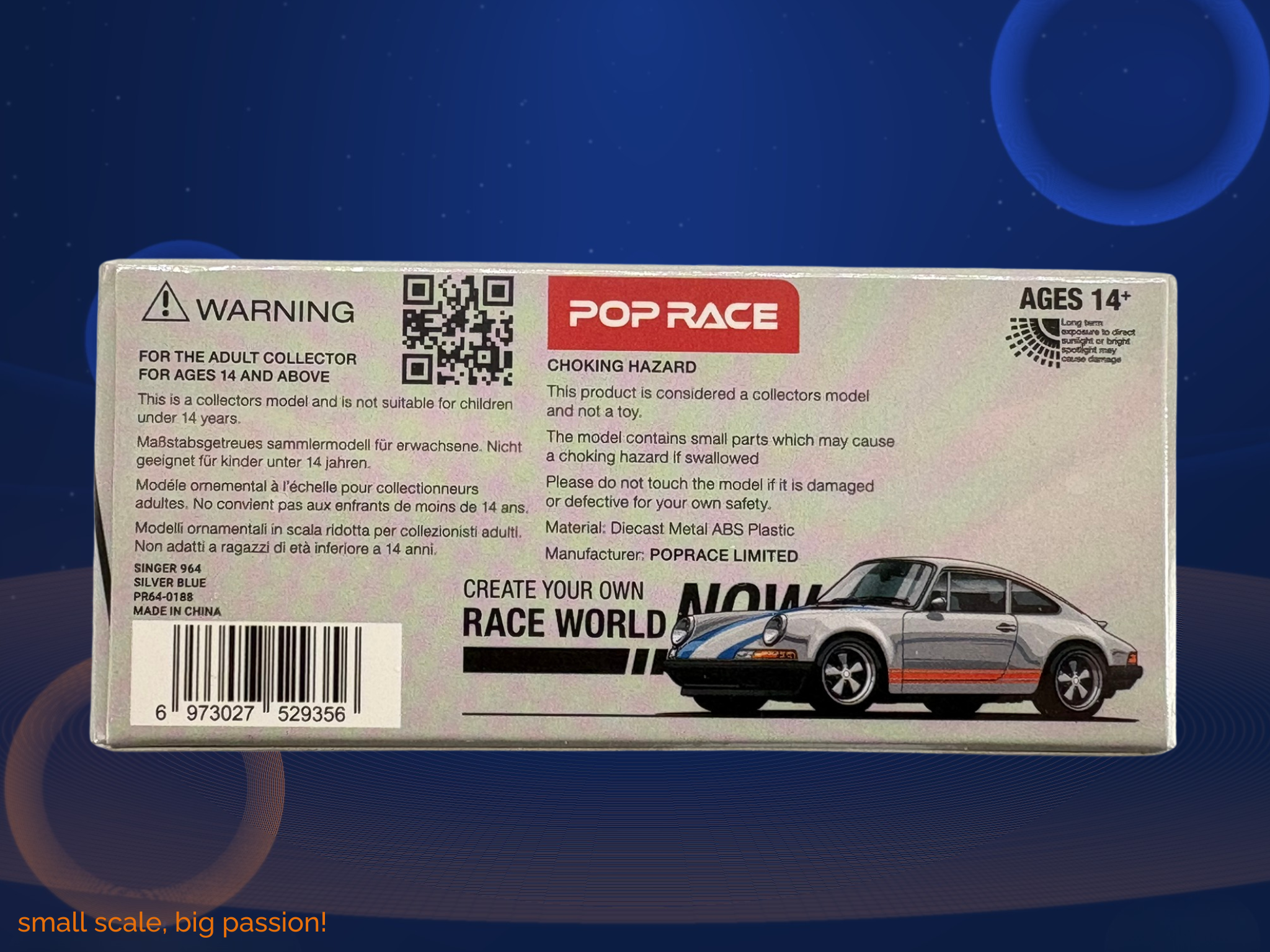 Pop Race Porsche Singer 964 in Silver Metallic mit Blue & Red Stripes – Diecast Sammlermodell im Maßstab 1:64, Restomod-Hommage, Art. PR64-188