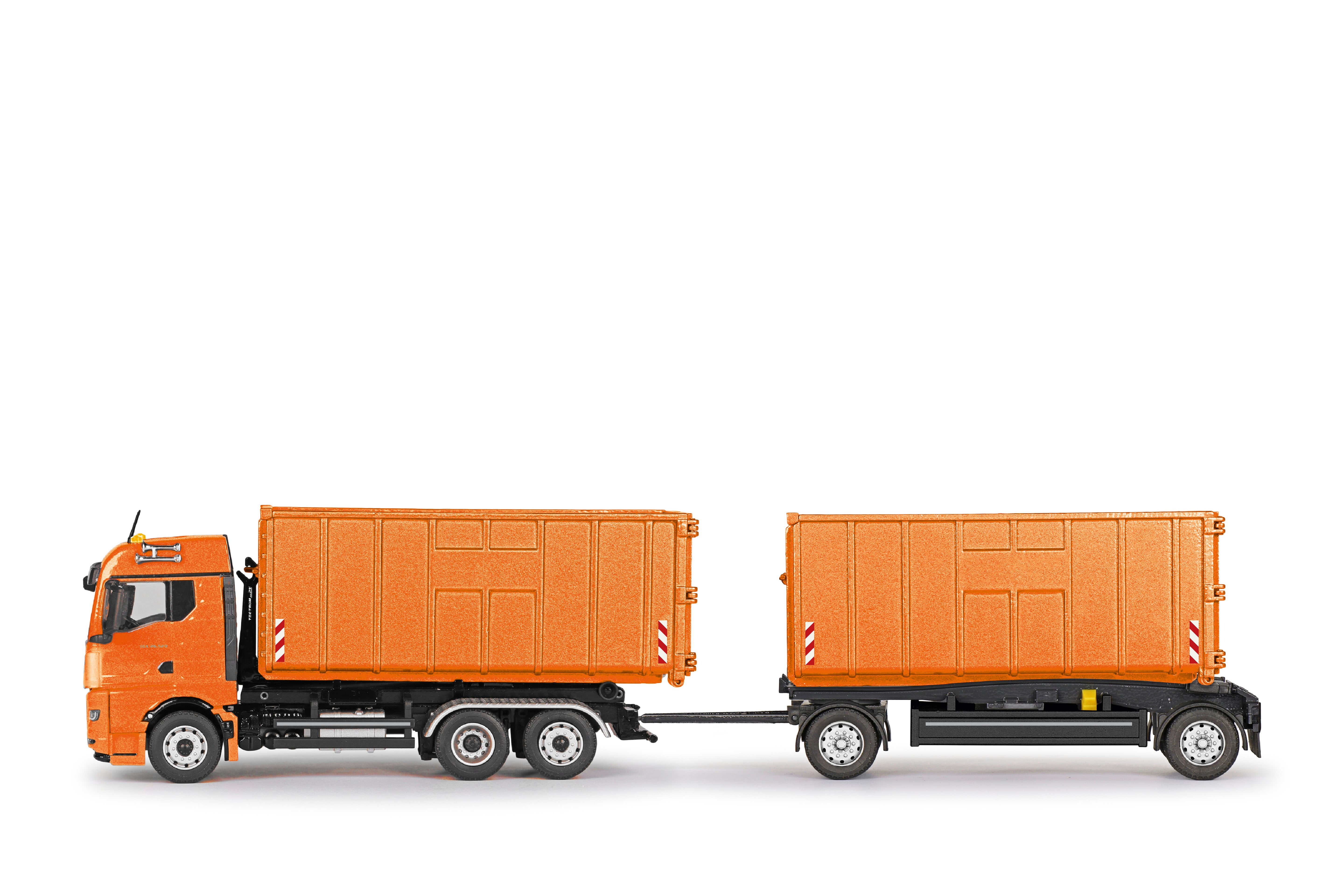 Conrad MEILLER Abrollkipper auf MAN TGX GM mit Roll-Carrier und Abrollmulde – Modell 1:50, Art. SET10019/01