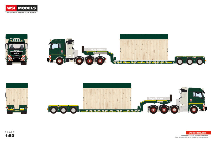 WSI MAN TGX XLX Euro 6C Facelift 8x4 mit Nooteboom Low Loader „August Alborn“ – Schwertransport-Sammlermodell (Diecast) im Maßstab 1:50, Art. 01-5250