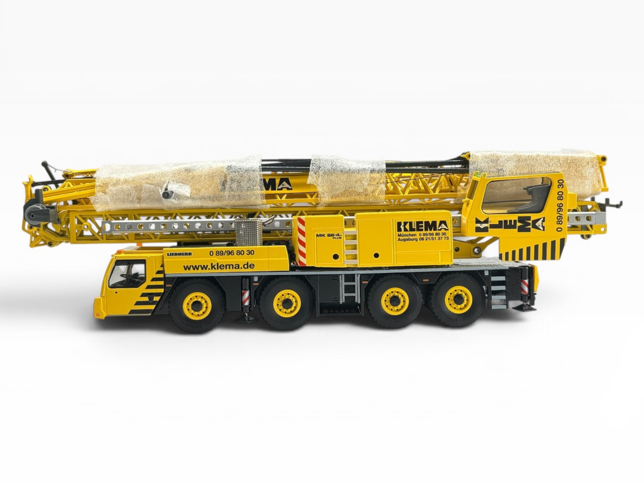 Conrad Liebherr MK 88-4.1 Mobilbaukran in der Werbeausführung KLEMA Kranverleih GmbH München-Oberschleißheim – Diecast Sondermodell im Maßstab 1:50, Zinkdruckguss