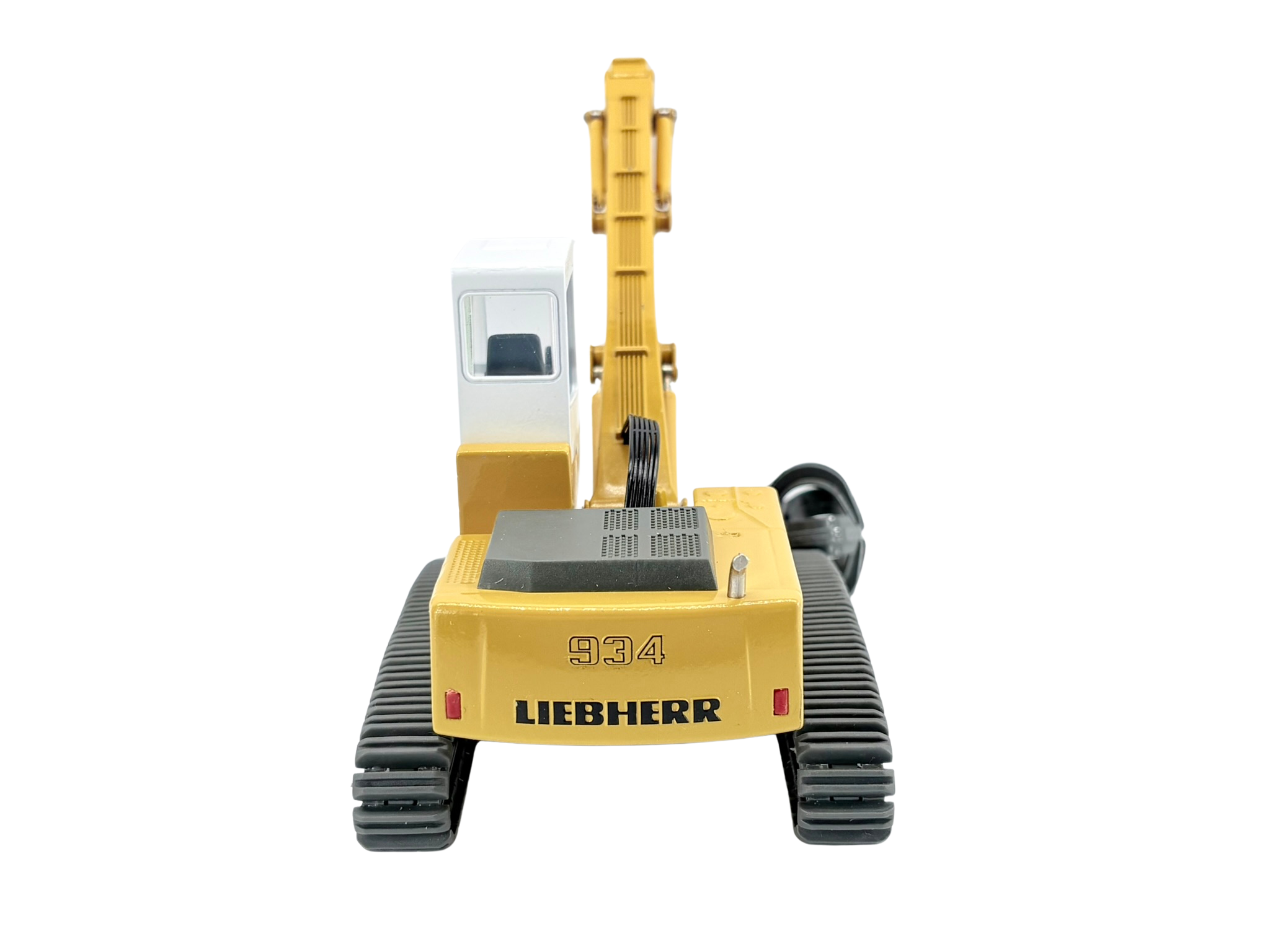 Conrad Liebherr R 934 Litronic Hydraulikbagger als Werbemodell in Grau-Weiß-Gelb – Diecast Sammlermodell im Maßstab 1:50, Zinkdruckguss, Art. 2908/0