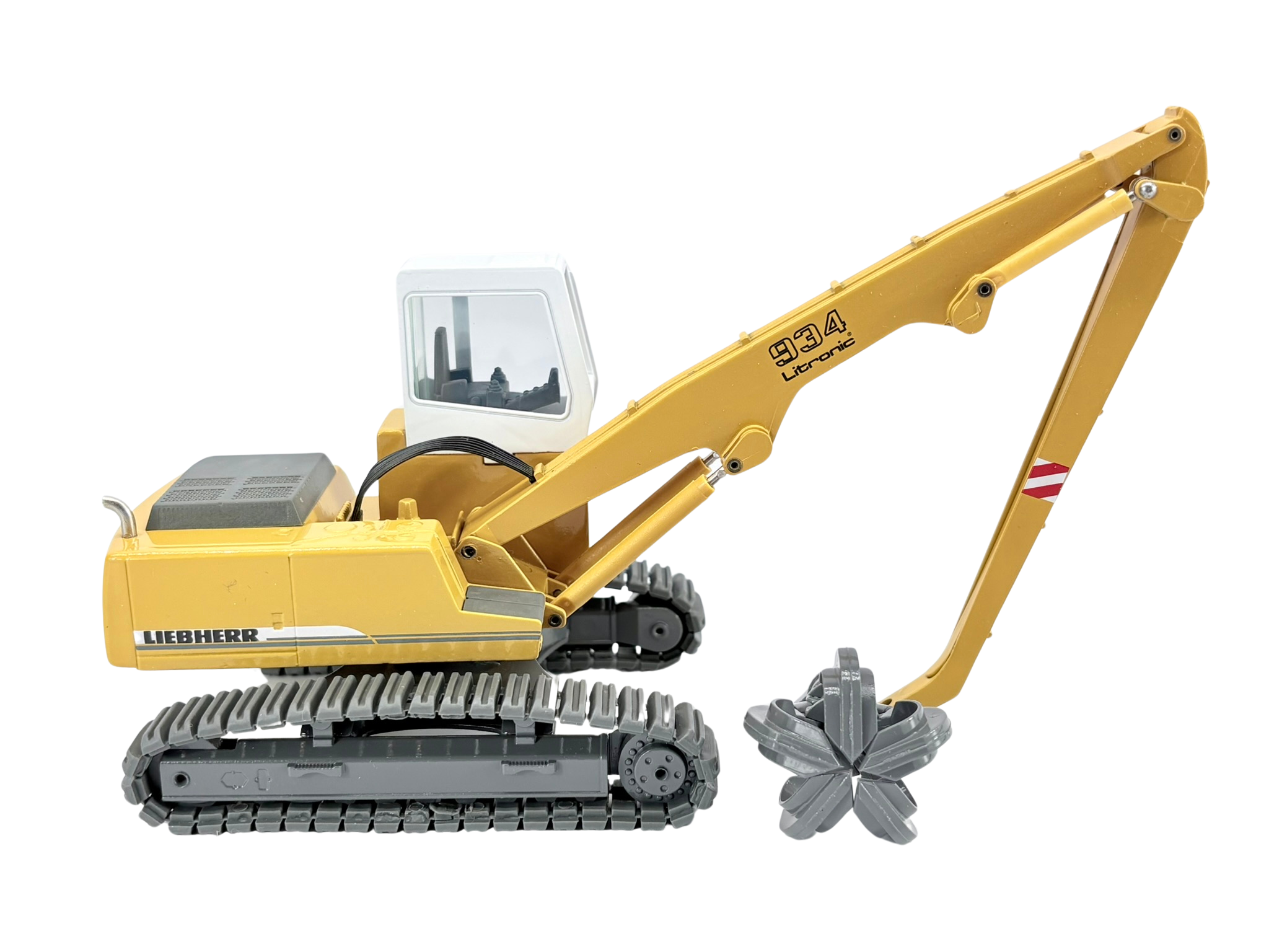 Conrad Liebherr R 934 Litronic Hydraulikbagger als Werbemodell in Grau-Weiß-Gelb – Diecast Sammlermodell im Maßstab 1:50, Zinkdruckguss, Art. 2908/0