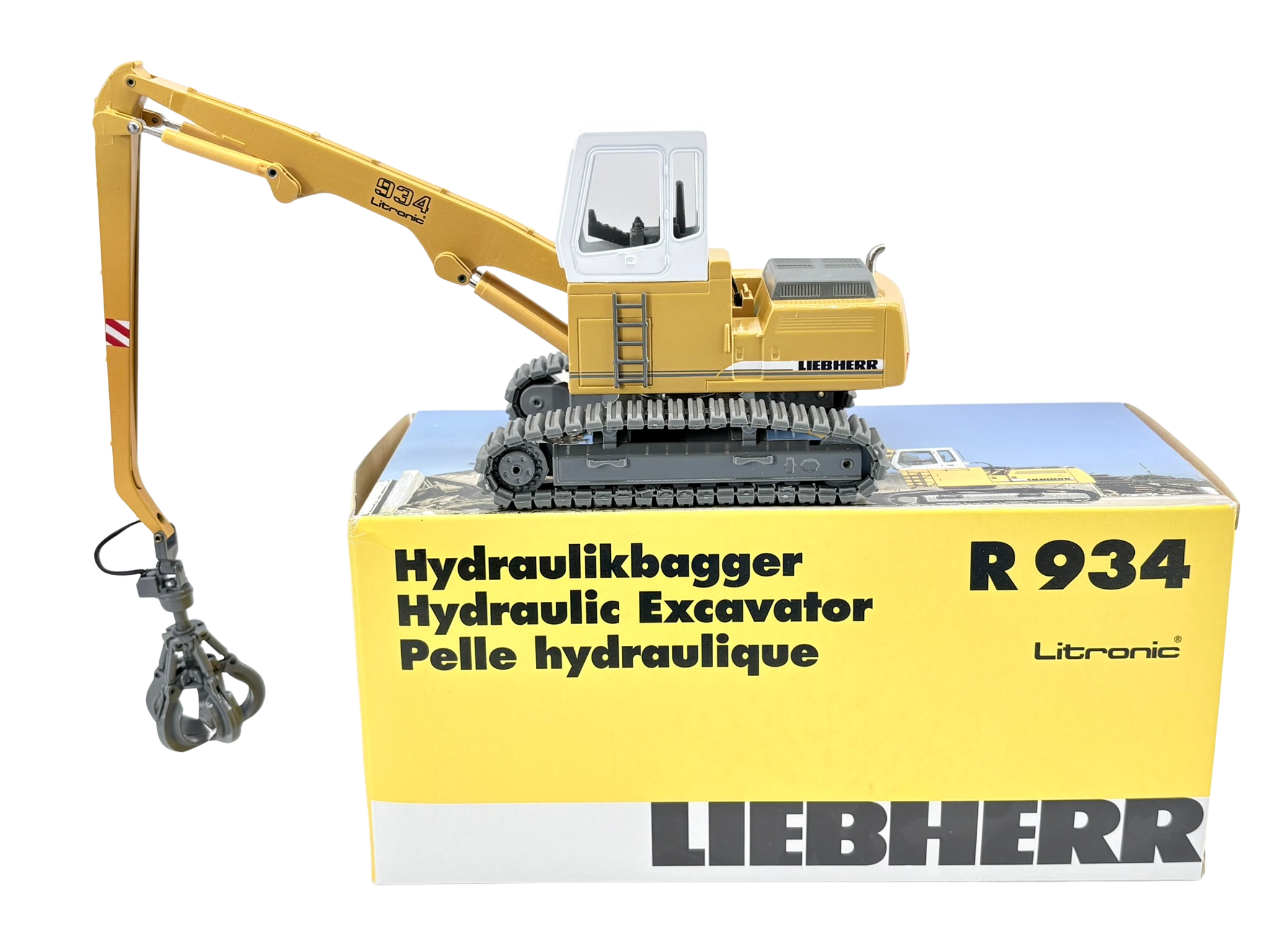 Conrad Liebherr R 934 Litronic Hydraulikbagger als Werbemodell in Grau-Weiß-Gelb – Diecast Sammlermodell im Maßstab 1:50, Zinkdruckguss, Art. 2908/0