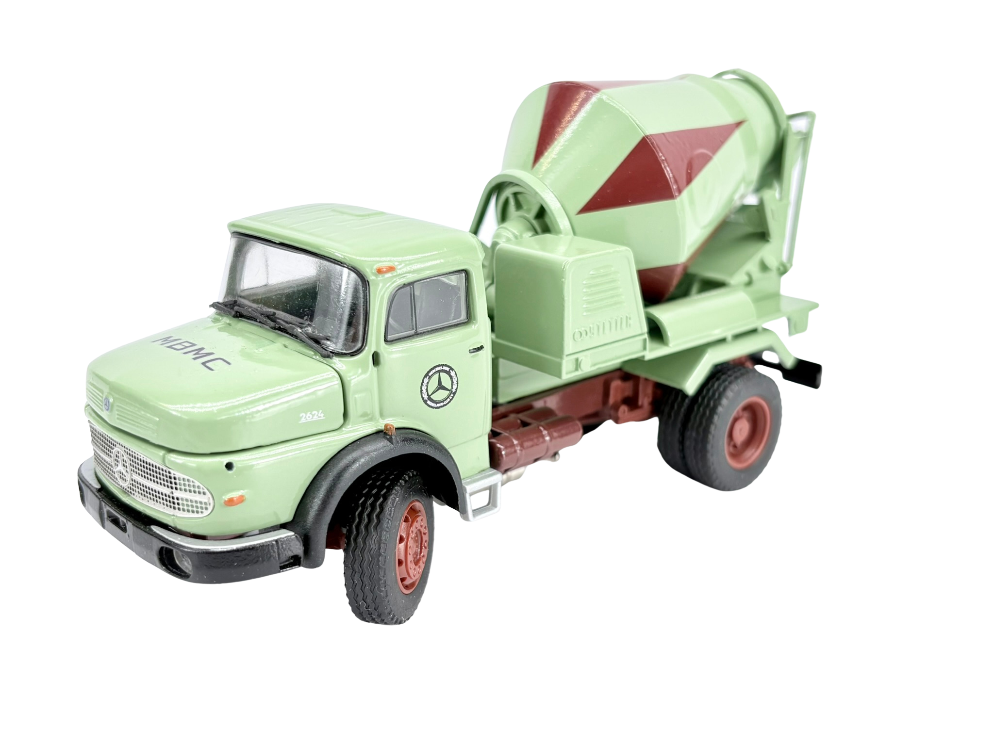 Conrad Mercedes-Benz LAK 2624 Kurzhauber mit Stetter 2-Achs Betonmischer in „MBMC"-Ausführung – Diecast Sammlermodell im Maßstab 1:50, Zinkdruckguss, Art. 1059/0