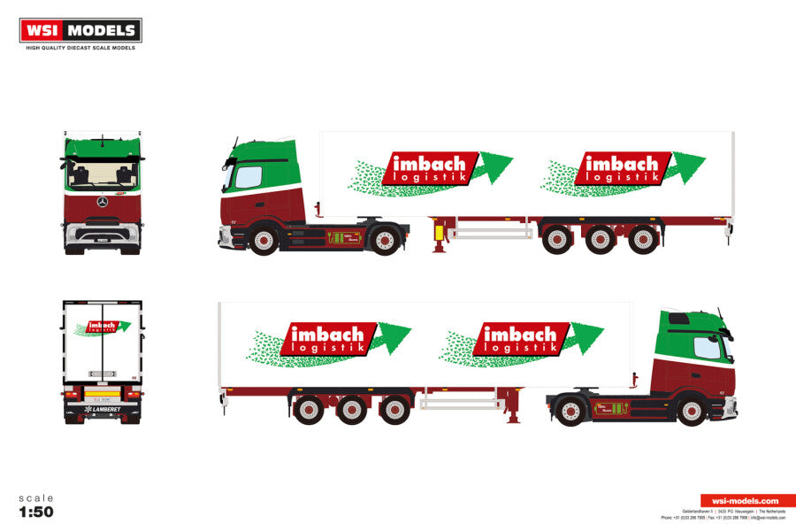 WSI Mercedes-Benz eActros 600 ProCabin 4x2 mit dreiachsigem Kofferauflieger in Imbach-Lackierung – Diecast Sammlermodell im Maßstab 1:50, Art. 01-5321