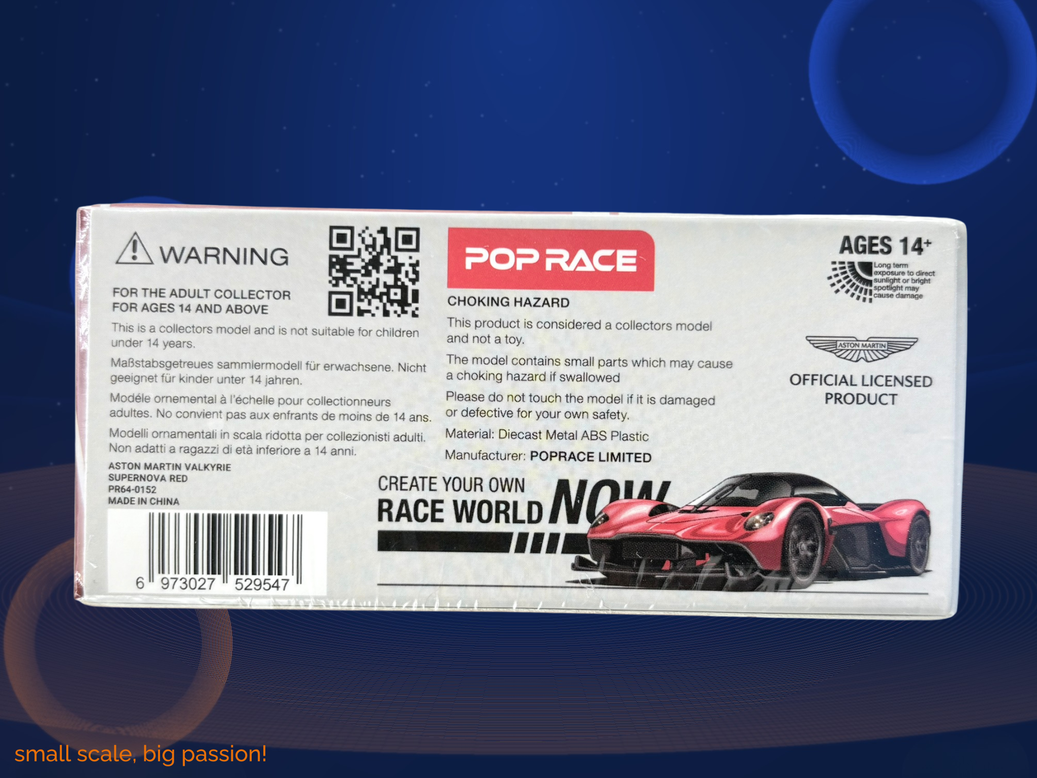 Pop Race Aston Martin Valkyrie in Supernova Red mit schwarzen Aero-Elementen und Carbon-Akzenten – Diecast Hypercar-Sammlermodell im Maßstab 1:64, Art. PR64-152