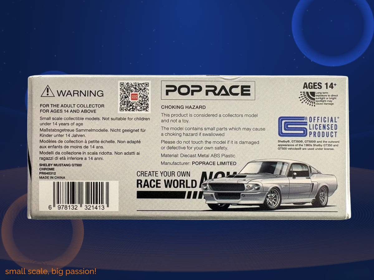 Pop Race Ford Shelby Mustang GT500 in Chrome mit schwarzen Streifen – Diecast Sammlermodell im Maßstab 1:64, Art. PR64-312 – Ansicht 2