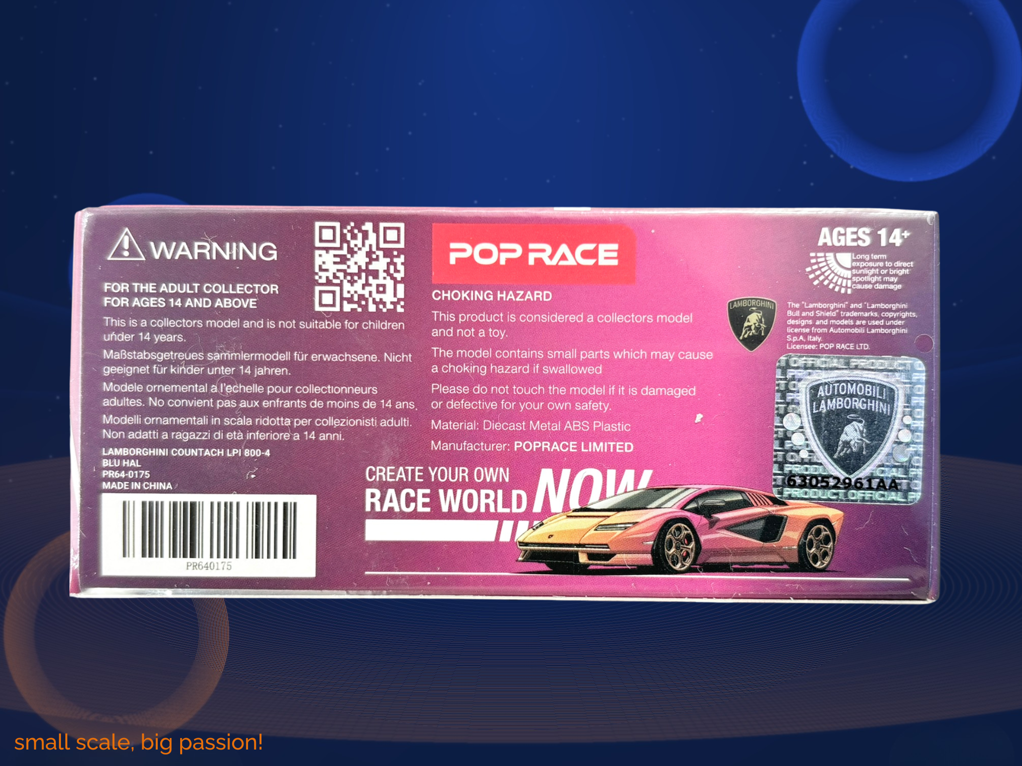 Pop Race Lamborghini Countach LPI 800-4 in Blu Hal Metallic mit öffnender Front- und Heckhaube samt detailliertem V12-Motor – Diecast Sammlermodell im Maßstab 1:64, Art. PR64-175
