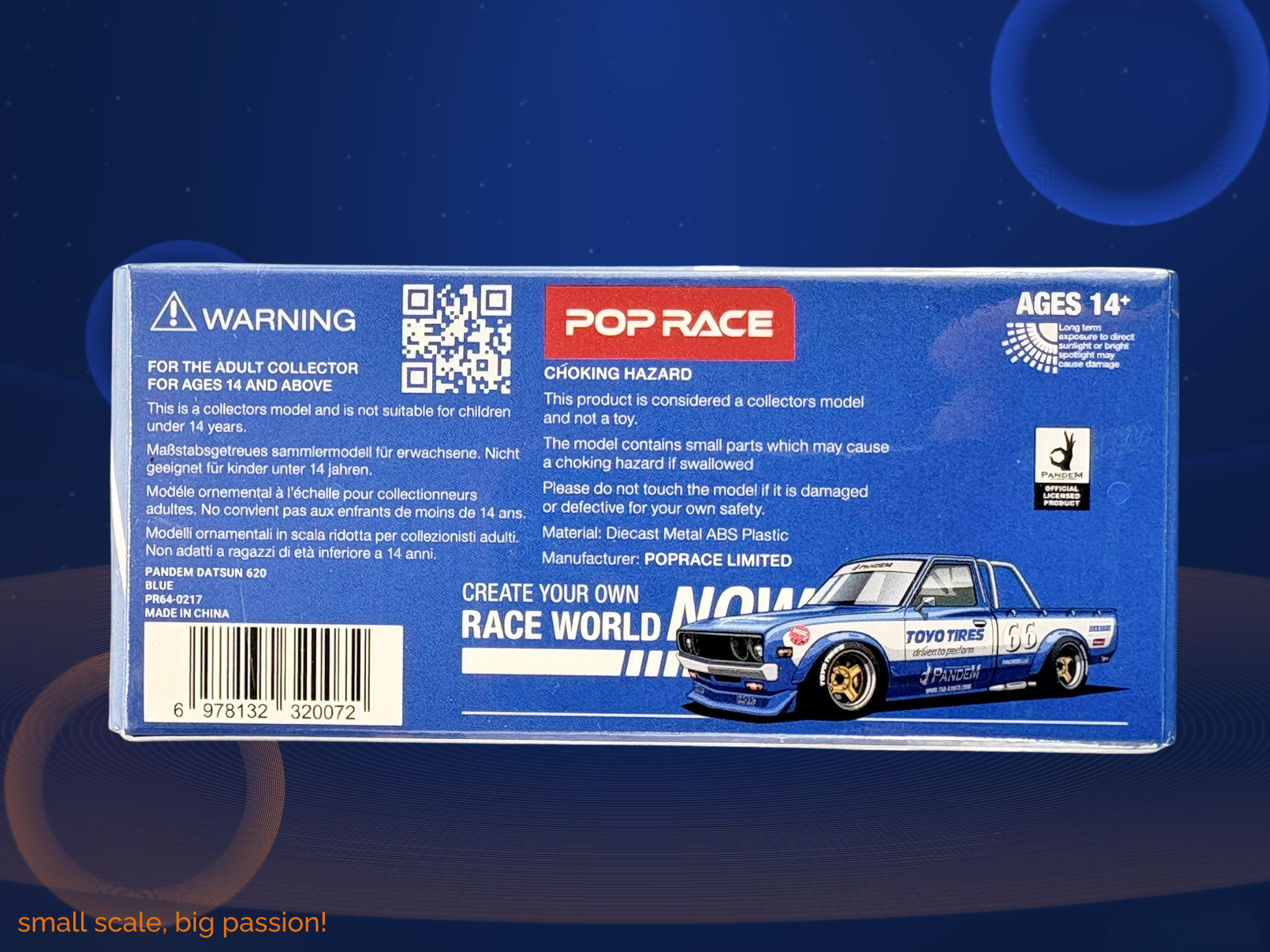 Pop Race Pandem Datsun 620 Pickup #66 in Blue Metallic – Diecast Sammlermodell im Maßstab 1:64, Art. PR64-217 mit JDM-Widebody-Kit