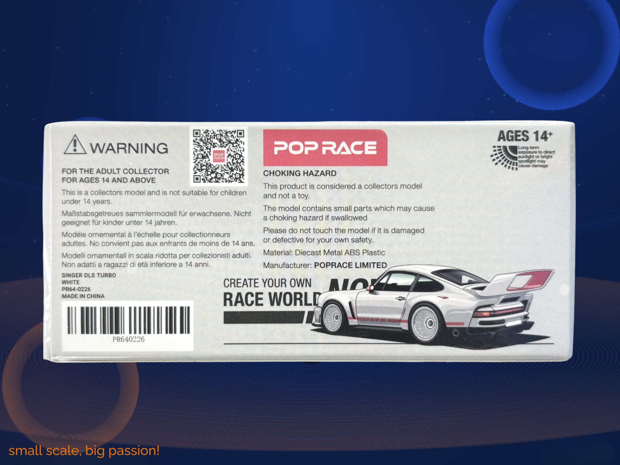 Pop Race Porsche 911 Singer DLS Turbo „Track" in Weiß mit roten Streifen – Diecast Sammlermodell im Maßstab 1:64, Williams-Engineering-Hommage, Art. PR64-226