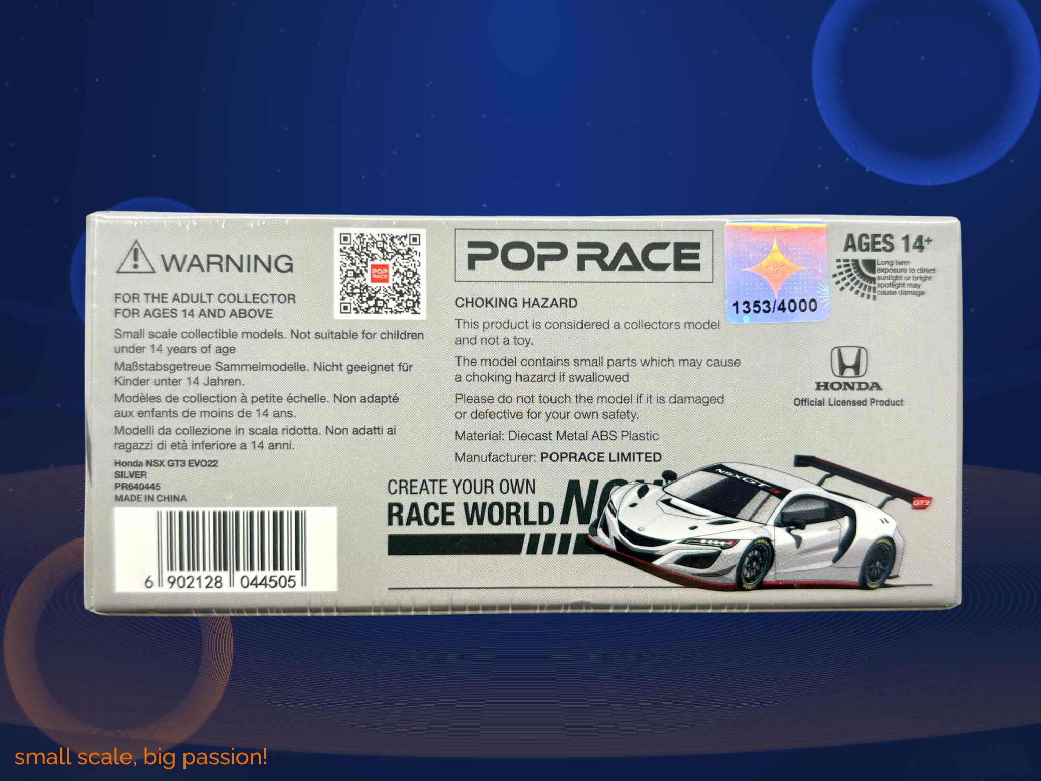 Pop Race Honda NSX GT3 EVO22 in Silber-Metallic – Diecast Sammlermodell im Maßstab 1:64, Art. PR640445 – Ansicht 2