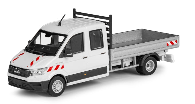 Conrad MAN TGE 4.180 Pritschenwagen mit Doppelkabine in Weiß – Diecast Sammlermodell im Maßstab 1:50, Zinkdruckguss, Art. 1616/02