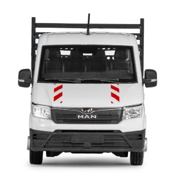 Conrad MAN TGE 4.180 Pritschenwagen mit Doppelkabine in Weiß – Diecast Sammlermodell im Maßstab 1:50, Zinkdruckguss, Art. 1616/02