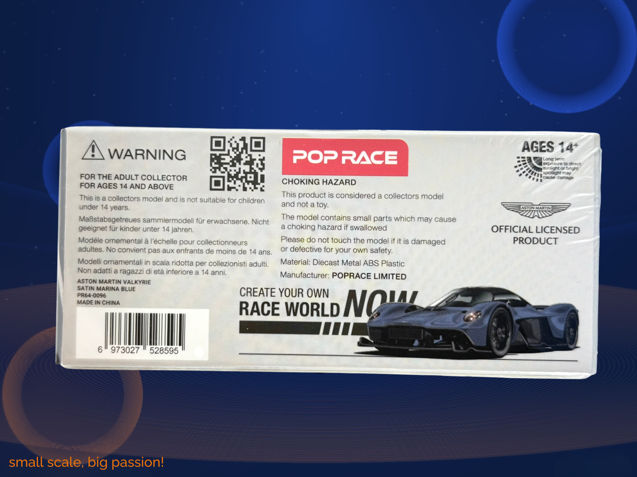 Pop Race Aston Martin Valkyrie in Satin Marina Blue mit schwarzen Aero-Elementen – Diecast Hypercar-Sammlermodell im Maßstab 1:64, Art. PR64-96