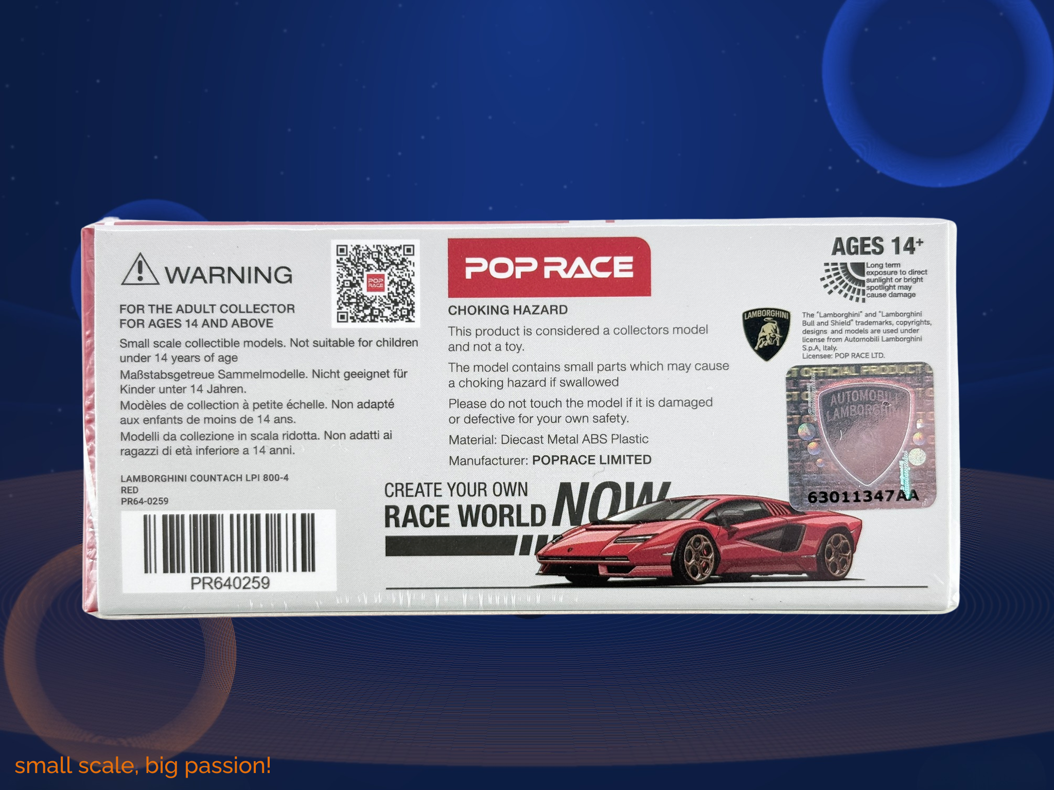 Pop Race Diecast Modellauto Lamborghini Countach LPI 800-4 Rosso Rot, Maßstab 1:64, limitierte Edition, Artikelnummer PR64-259 back