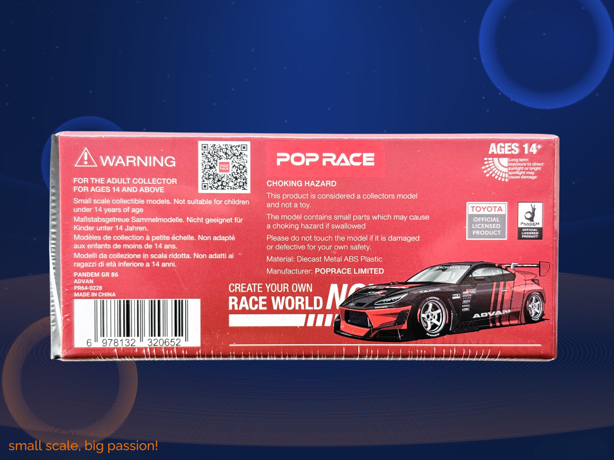 Pop Race Diecast Modellauto Toyota GR86 Pandem Widebody ADVAN Livery Schwarz Rot, Maßstab 1:64, limitierte Edition, Artikelnummer PR64-228 back