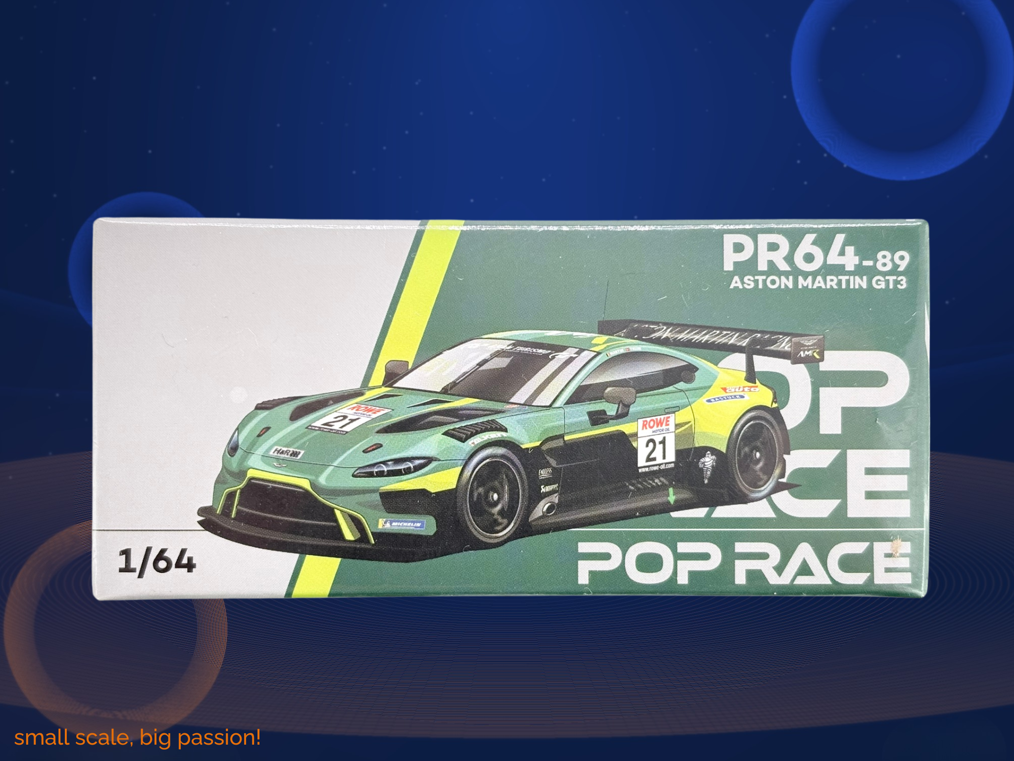 Pop Race Diecast Modellauto Aston Martin Vantage GT3 Startnummer 21 in Grün, Maßstab 1:64, limitierte Edition, Artikelnummer PR64-089