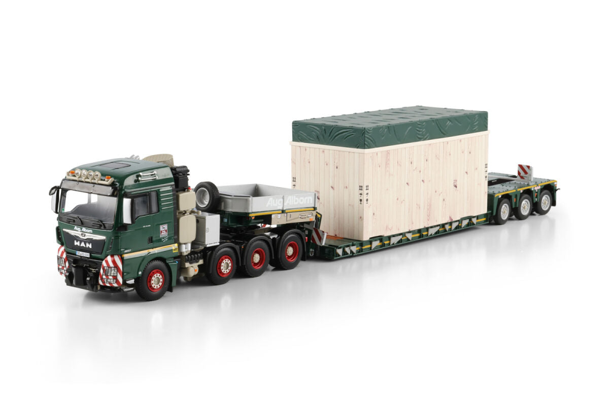 WSI MAN TGX XLX Euro 6C Facelift 8x4 mit Nooteboom Low Loader „August Alborn“ – Schwertransport-Sammlermodell (Diecast) im Maßstab 1:50, Art. 01-5250