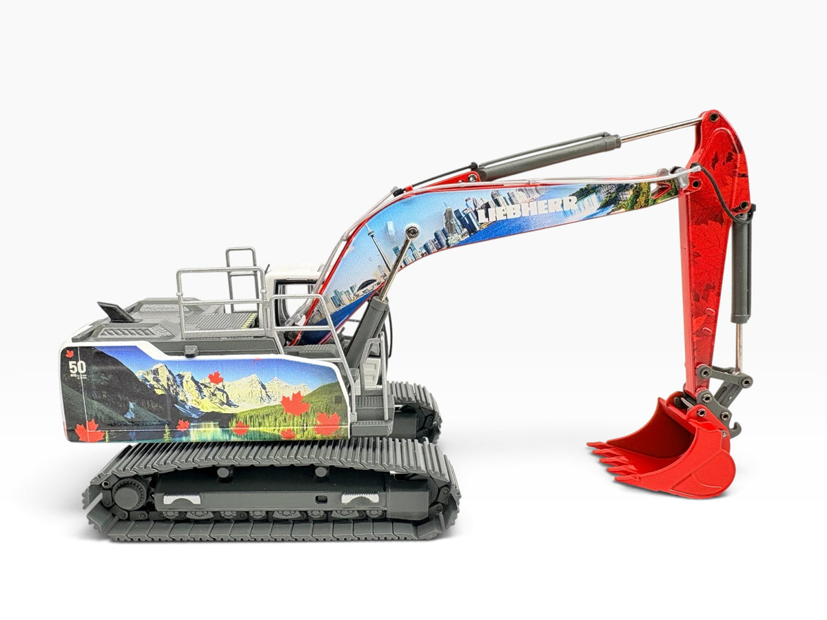 Conrad 2214/13 Liebherr R 924 Raupenbagger 1:50, rechte Seitenansicht mit Rocky-Mountains-Motiv am Oberwagen