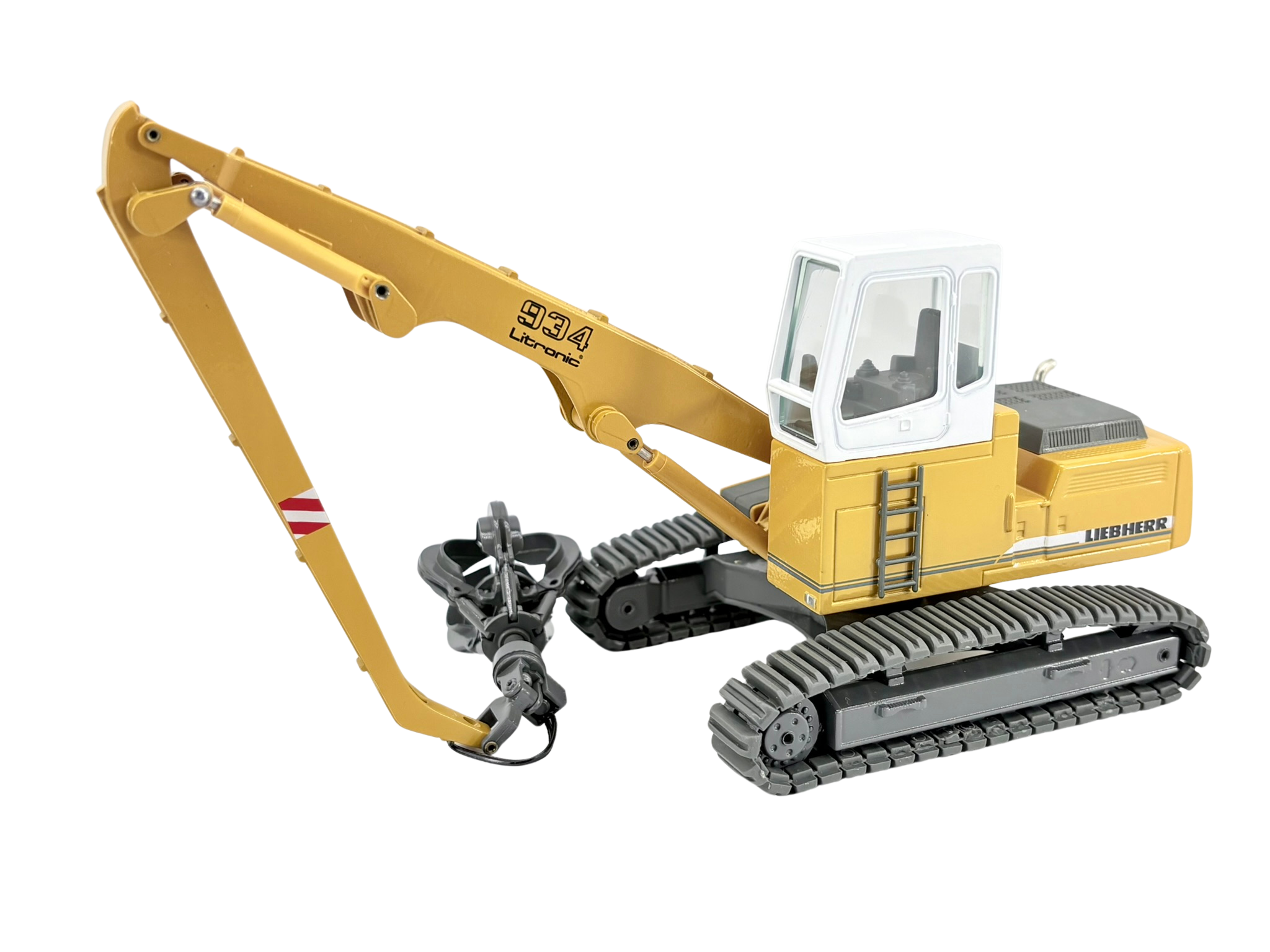 Conrad Liebherr R 934 Litronic Hydraulikbagger als Werbemodell in Grau-Weiß-Gelb – Diecast Sammlermodell im Maßstab 1:50, Zinkdruckguss, Art. 2908/0