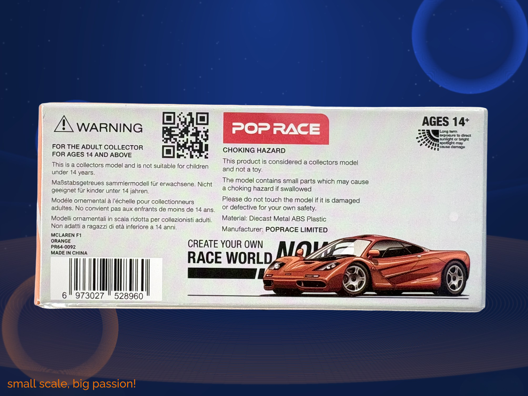 Pop Race McLaren F1 in Metallic Orange mit öffnender Heckklappe und detailliertem V12-Motorraum – Diecast Sammlermodell im Maßstab 1:64, Art. PR64-092