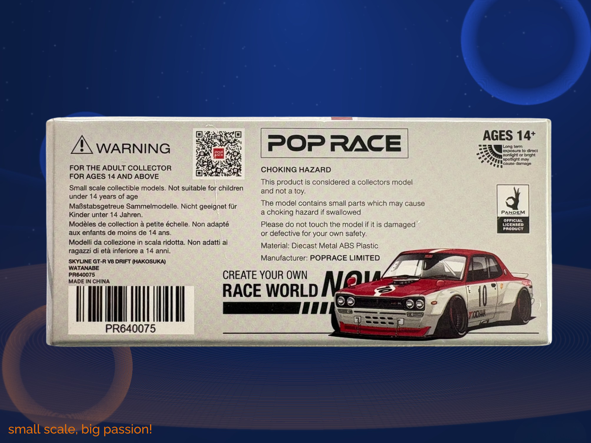 Pop Race Nissan Skyline GT-R V8 Drift „Hakosuka“ in Weiß/Rot mit Watanabe-Felgen – Diecast Sammlermodell im Maßstab 1:64, Art. PR64-075 – Ansicht 2