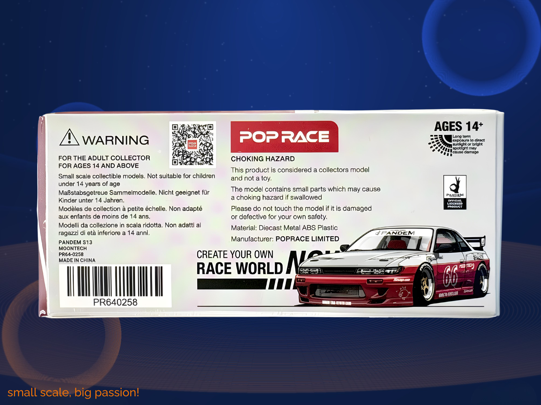 Pop Race Pandem Nissan Silvia S13 V3 in Moontech Red mit Startnummer #66 und öffnender Haube samt SR20-Motorraum – Diecast Sammlermodell im Maßstab 1:64, Art. PR64-258