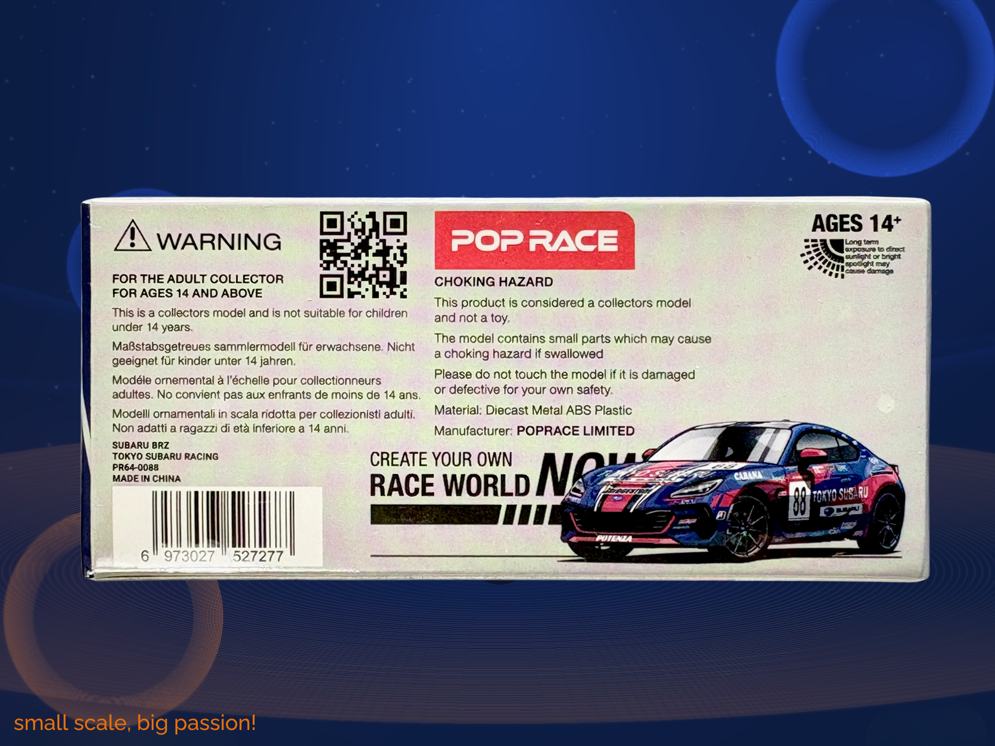 Pop Race Subaru BRZ in „Tokyo Subaru Racing" Werkslackierung mit Startnummer #88 in Blau – Diecast Sammlermodell im Maßstab 1:64, Art. PR64-088