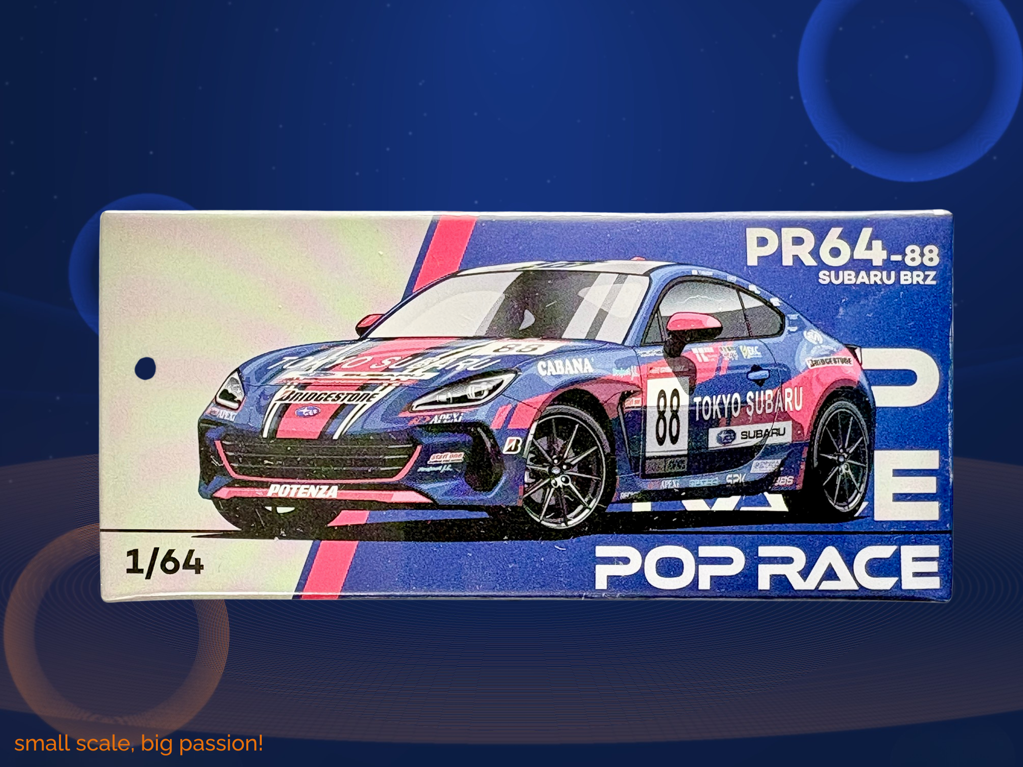 Pop Race Subaru BRZ in „Tokyo Subaru Racing" Werkslackierung mit Startnummer #88 in Blau – Diecast Sammlermodell im Maßstab 1:64, Art. PR64-088