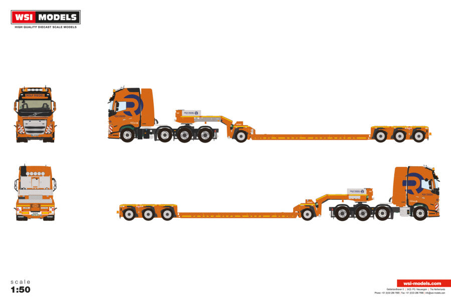 WSI Volvo FH5 Globetrotter XL 8x4 mit Nooteboom Tieflader „Rolf Riedel“ – Schwertransport-Sammlermodell (Diecast) im Maßstab 1:50, Art. 01-5055 – Ansicht 2